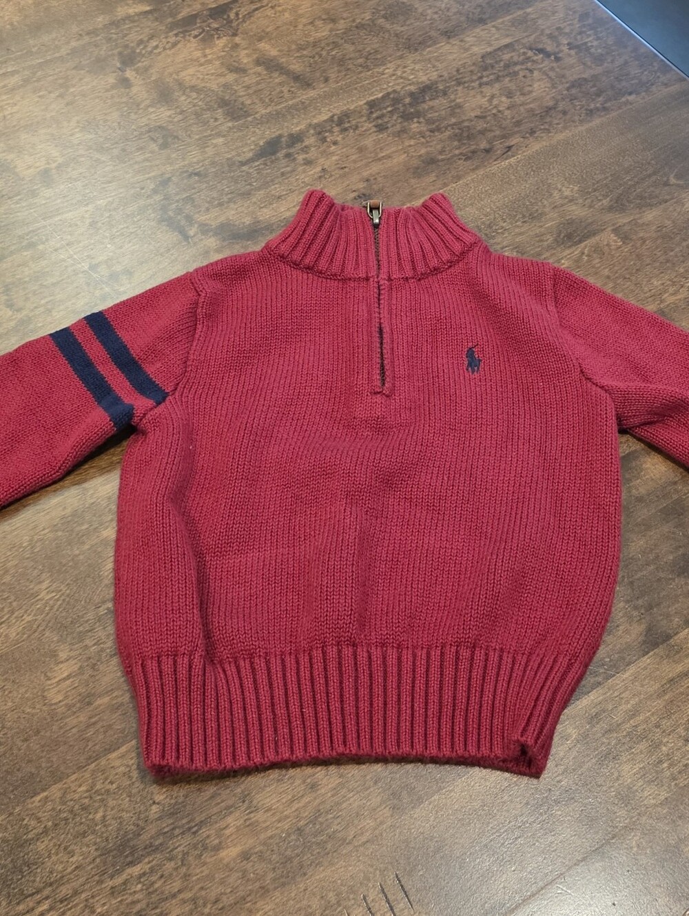 Ralph Lauren Toddler Boy Red Half-Zip Knit Sweater with Navy Stripe 18M